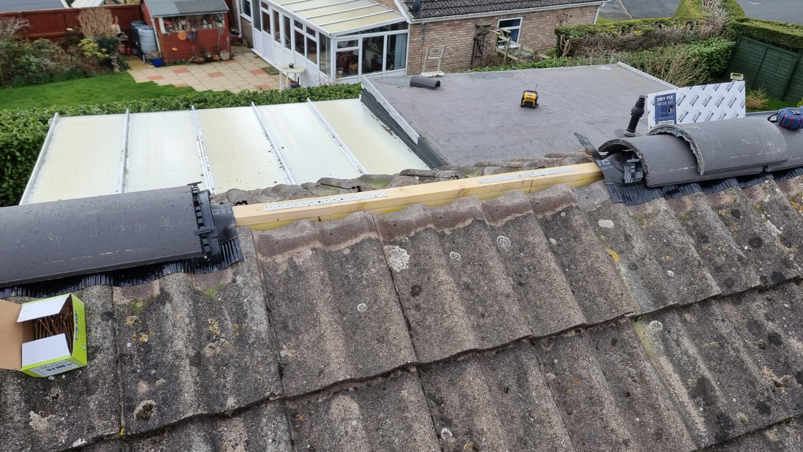 Ridge tile repair with dry-fix kit and battens