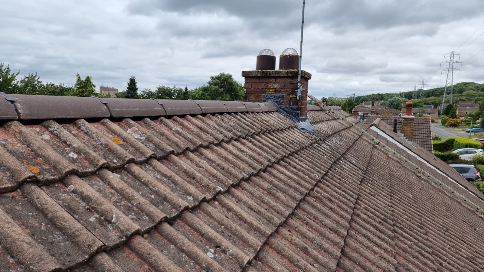 Roof tiles and chimney stack aerial view
