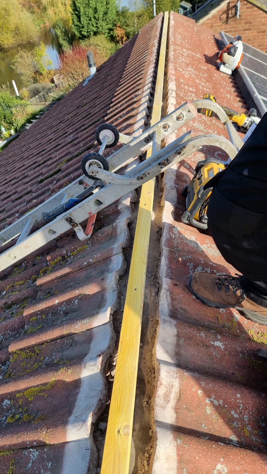 Roof ladder positioned on ridge during repair work