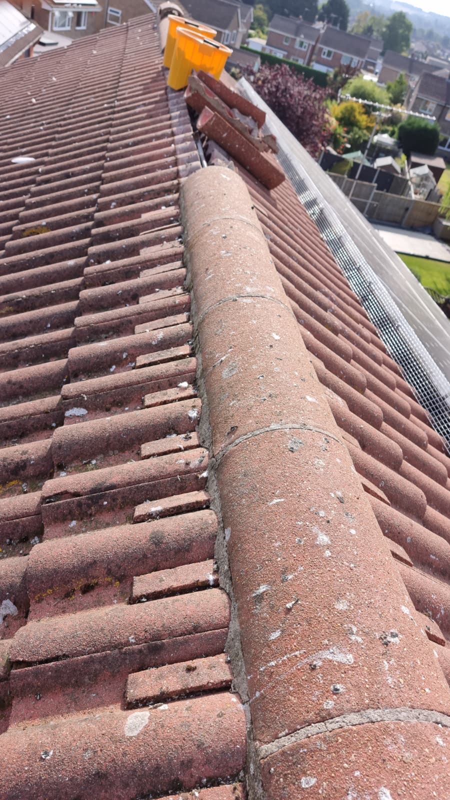 Old ridge tiles with moss and weathering before replacement