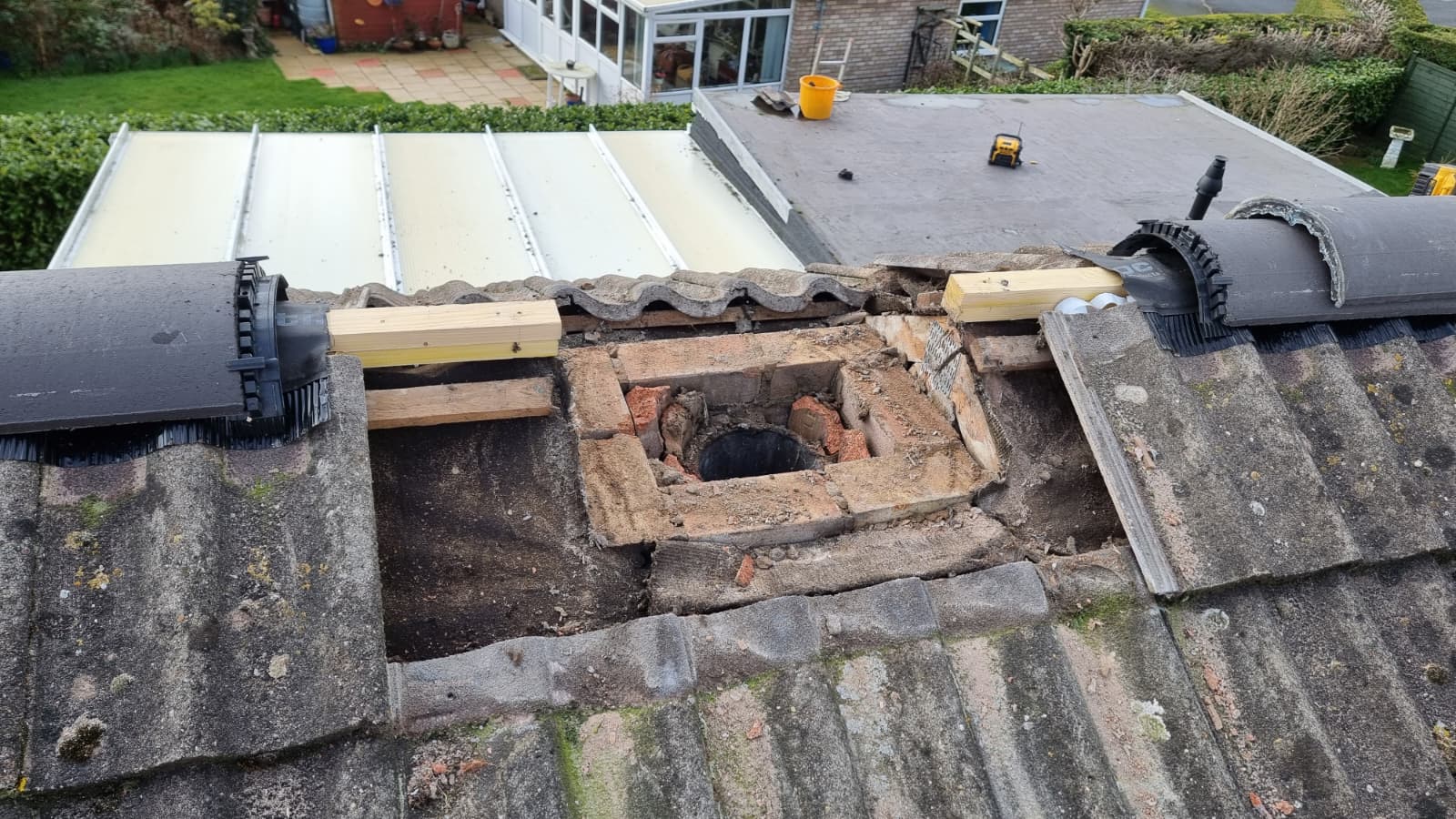 Chimney removal and roof repair works in progress
